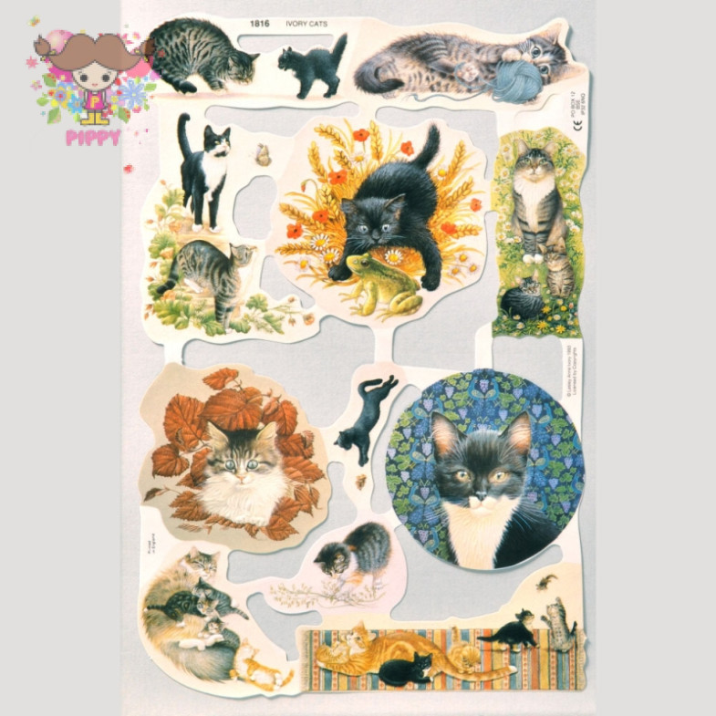 Mamelok マメロック クロモス☆スクラップシート ダイカット 可愛い猫の親子 秋 動物(Scrap Sheet Cats 3)☆